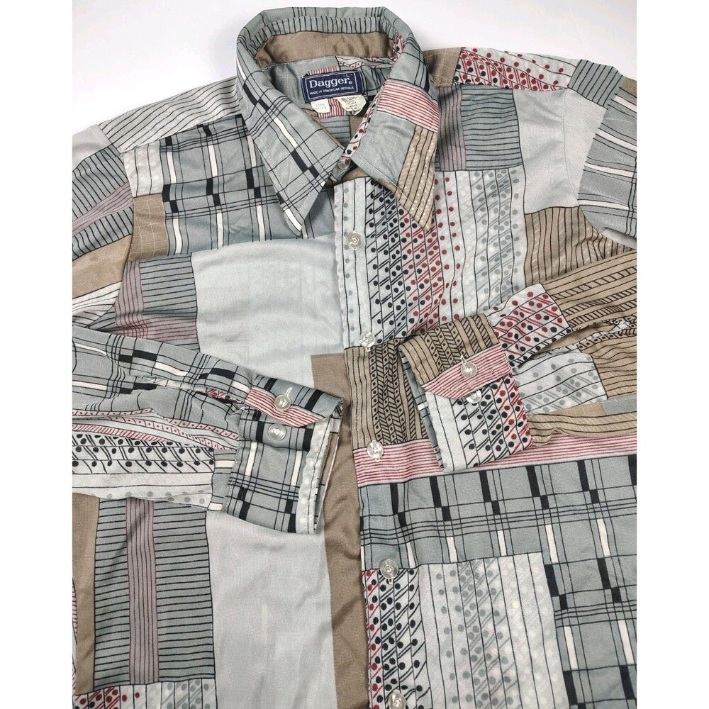 Vtg 60s 70s Disco Shirt Abstract Dagger Brand Nylon Womens Large